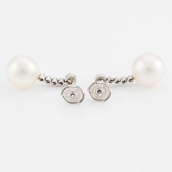 A pair of Tiffany & Co  platinum earrings with cultured pearls and round brilliant-cut diamonds.