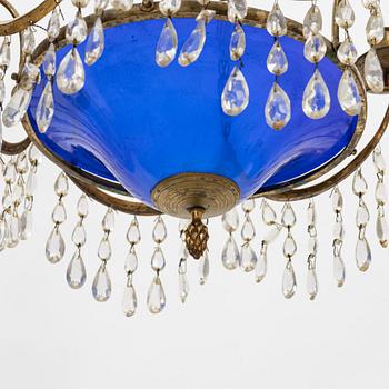 A late Gustavian three-light chandelier, Stockholm, late 18th century.