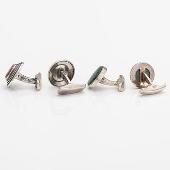 Börje Rajalin, Two pairs of stelring silver cufflinks with green marble and rhodonite. Kalevala Koru, Helsinki.