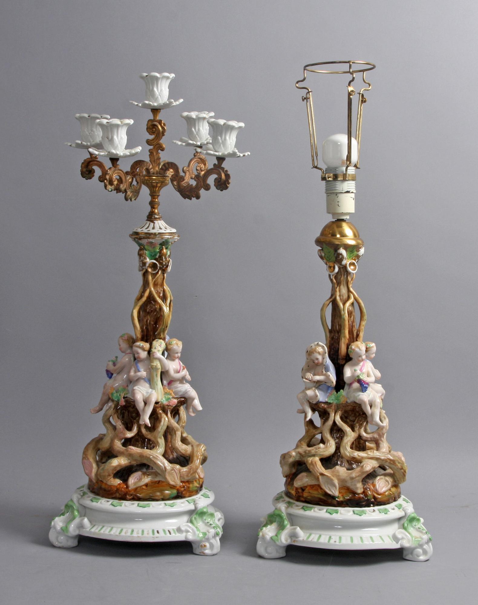 KANDELABER SAMT BORDSLAMPA, porslin, troligen Tyskland, 1800-talets slut.
