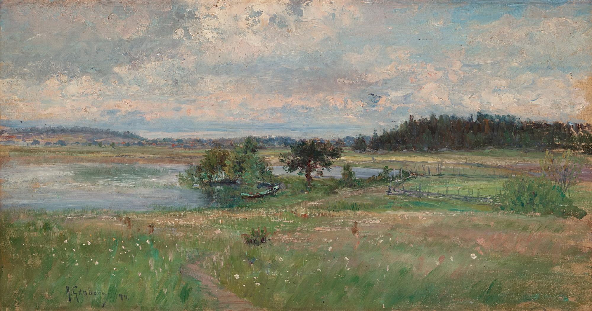 Anton Genberg, Lake landscape with a rowboat.