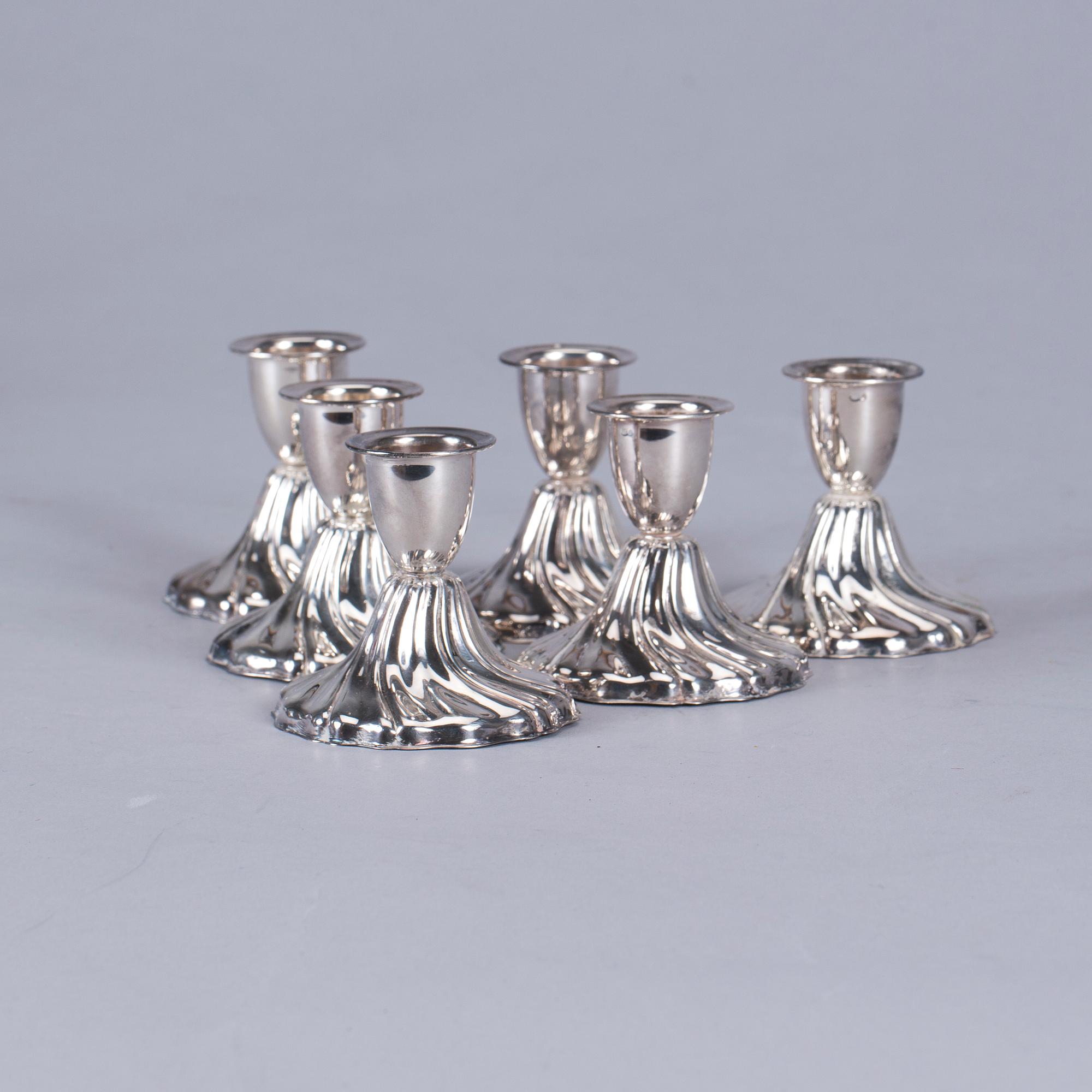 LJUSSTAKAR, 6 st, silver, liten modell, rokokostil. Svenska importstämplar.