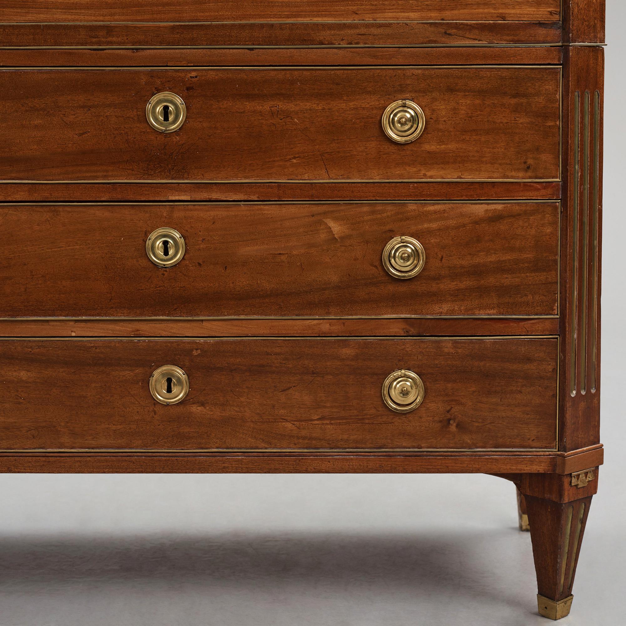 A late Gustavian mahogany and bleu turquin secretaire, Stockholm, late 18th century.