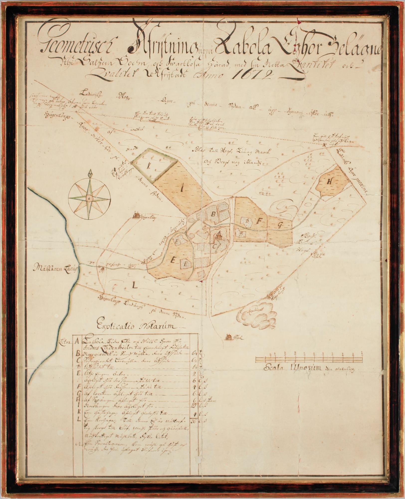 LANTMÄTERIKARTA, bläck och akvarell, dat 1672. Högantorp/Laboda, Salem socken.