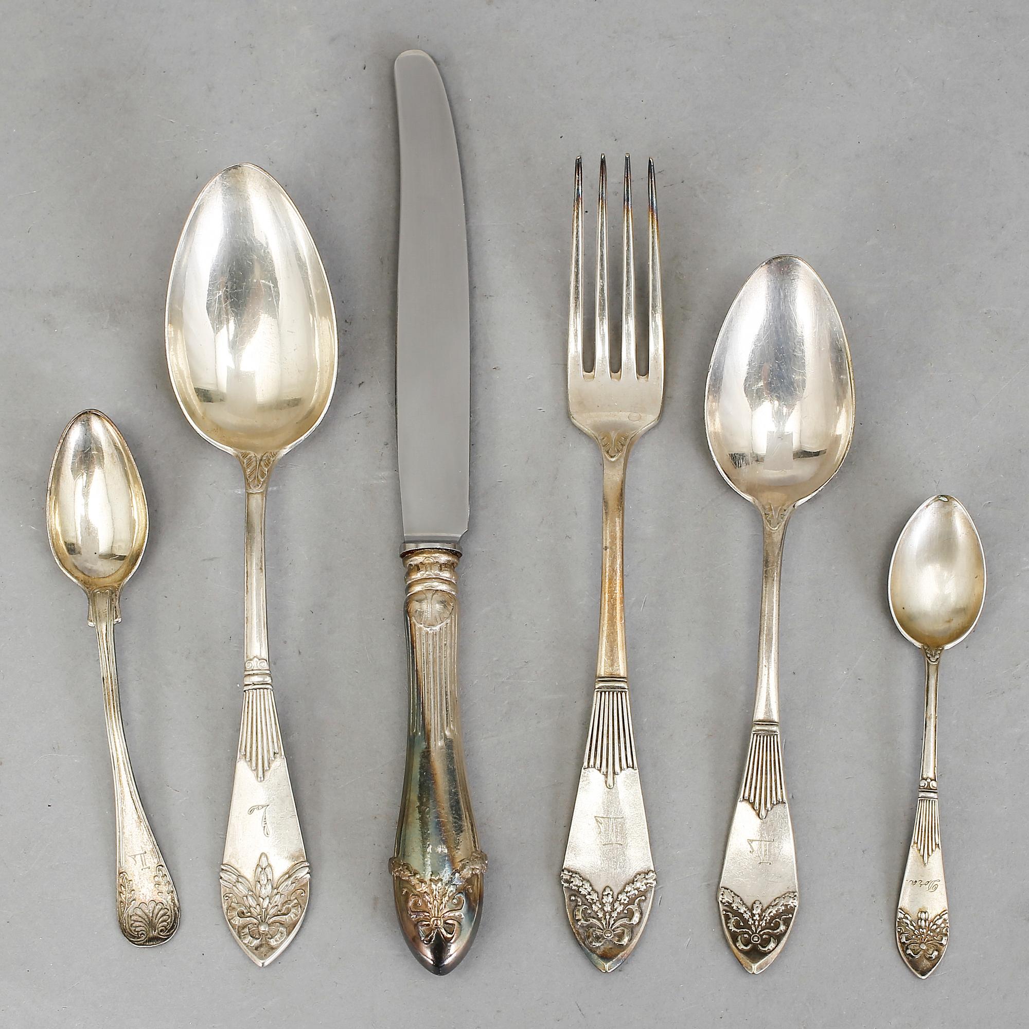 SKEDAR, 3+4+3 st, silver samt BESTICKSERVIS, 29 delar, nysilver, modell "Empire", bl.a. CG Hallberg.