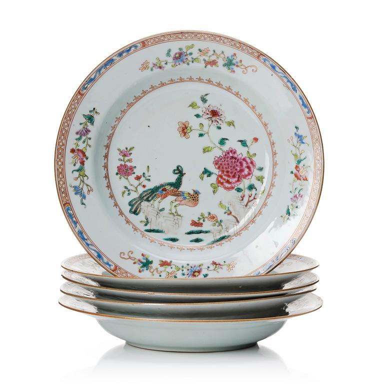 A set of five famille rose 'double peacock' dishes, Qing dynasty, Qianlong (1736-95).