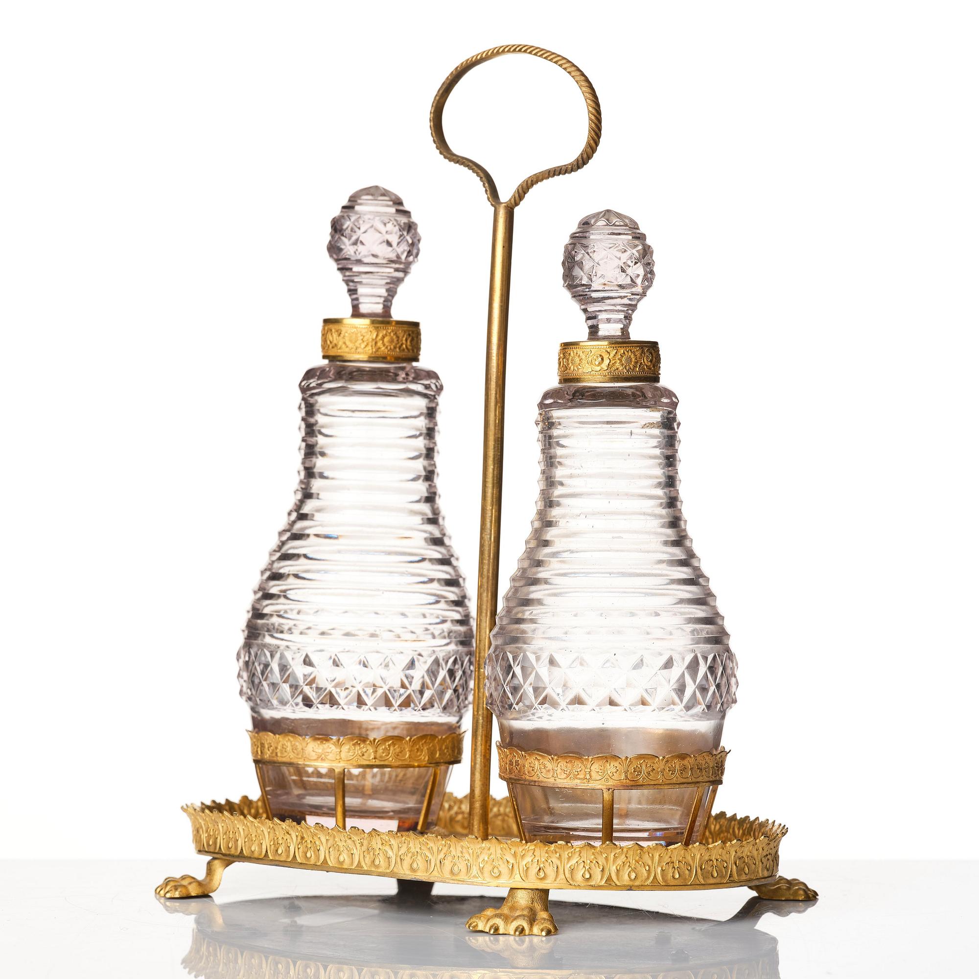 A Empire gilded brass and glass, cruet-set.