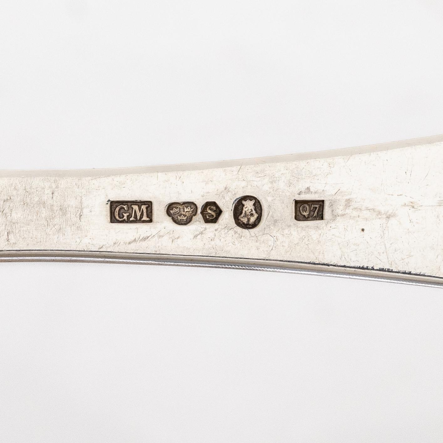 Gustaf Möllenborg, fiskbestick, 12 st, silver, modell "Svensk rund", Stockholm, 1916-18.