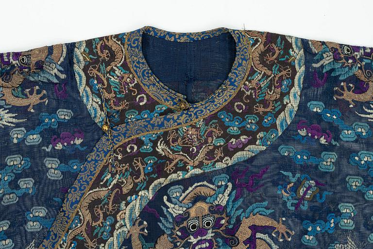 A blue ground summer gauze 'dragon robe' robe, Qing dynasty, circa 1900.