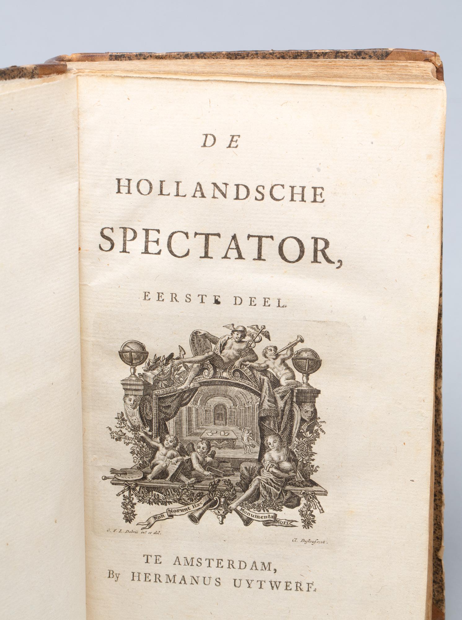 BOK, 6 volymer, "De Hollandsche Spextator", 12 delar i 6 vol.Hermanus Uytwerf, Amsterdam,1731-1735.