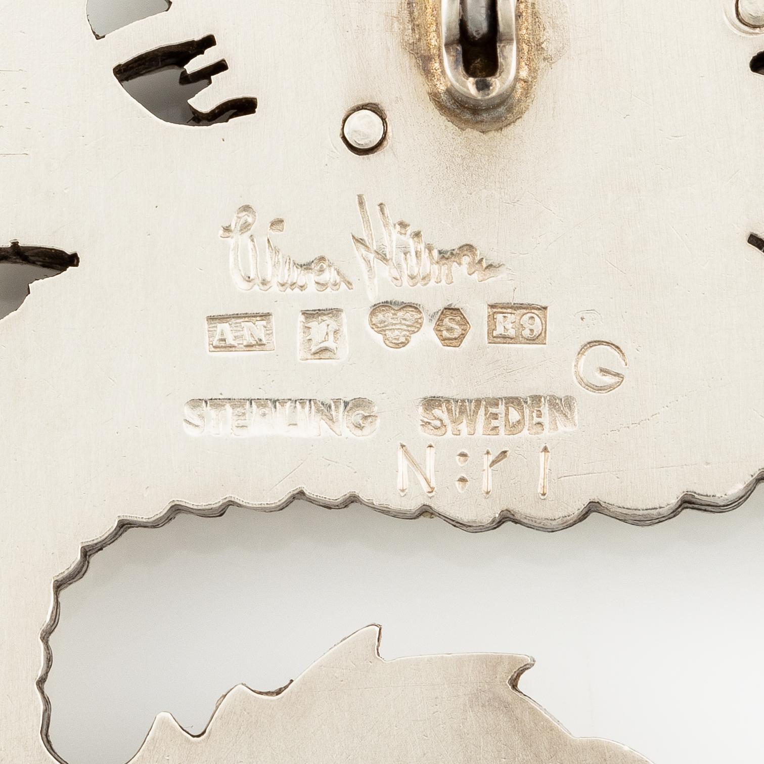 Wiwen Nilsson, brosch, sterlingsilver, i form av drake, Lund 1955.