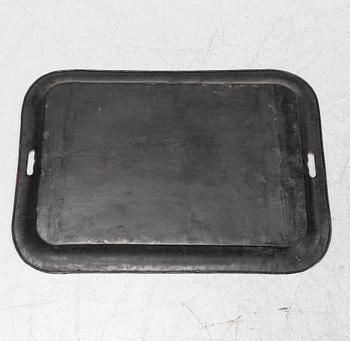 A painted 19th Century tin tray with later stand.