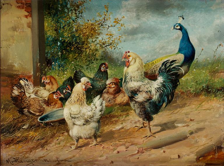 Max Hänger In the manner of the artist, Hens and peacocks.