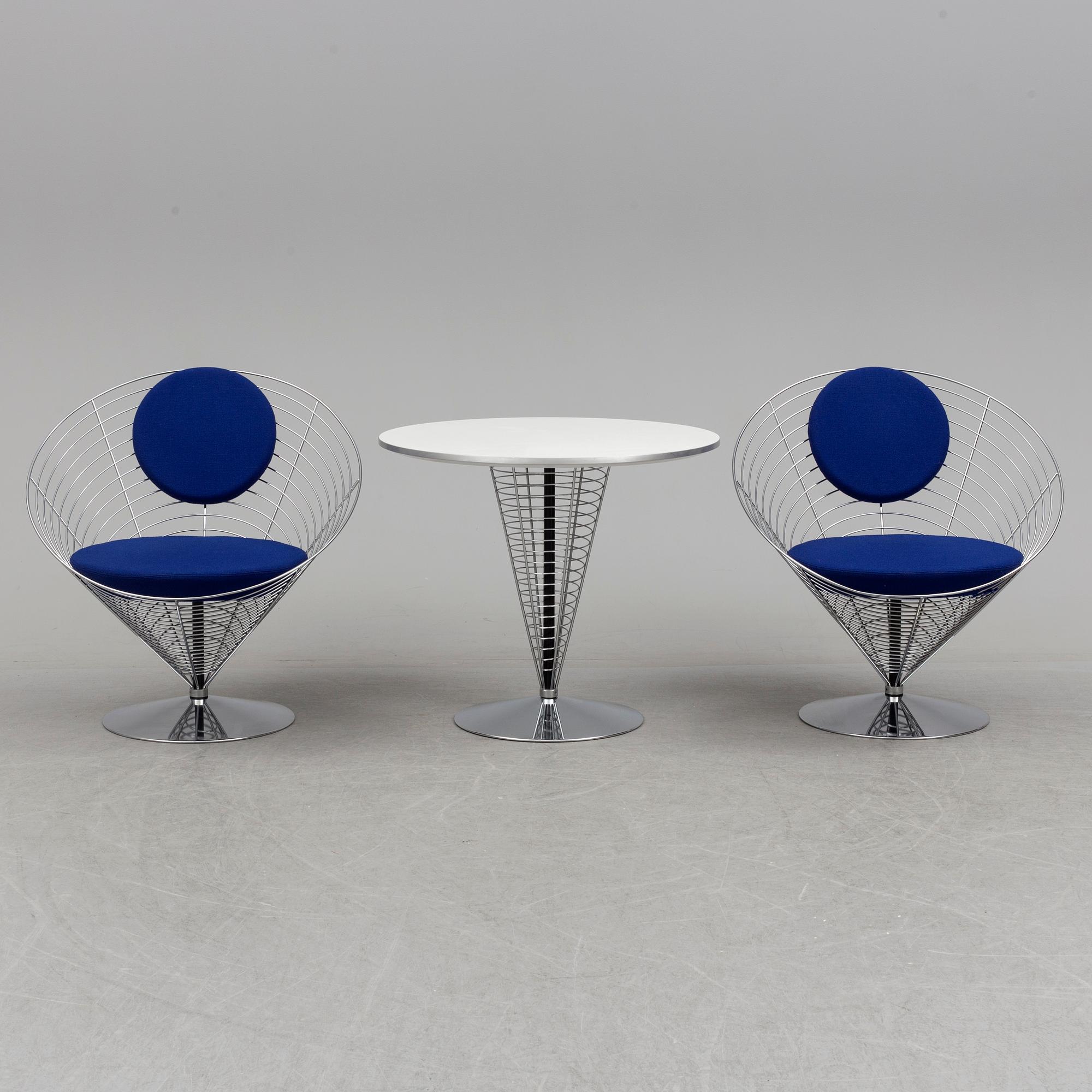 VERNER PANTON, PHILIPPE STARCK,  a set of two "Wire Cone" chairs and a table Fritz Hansen, late 20th century.