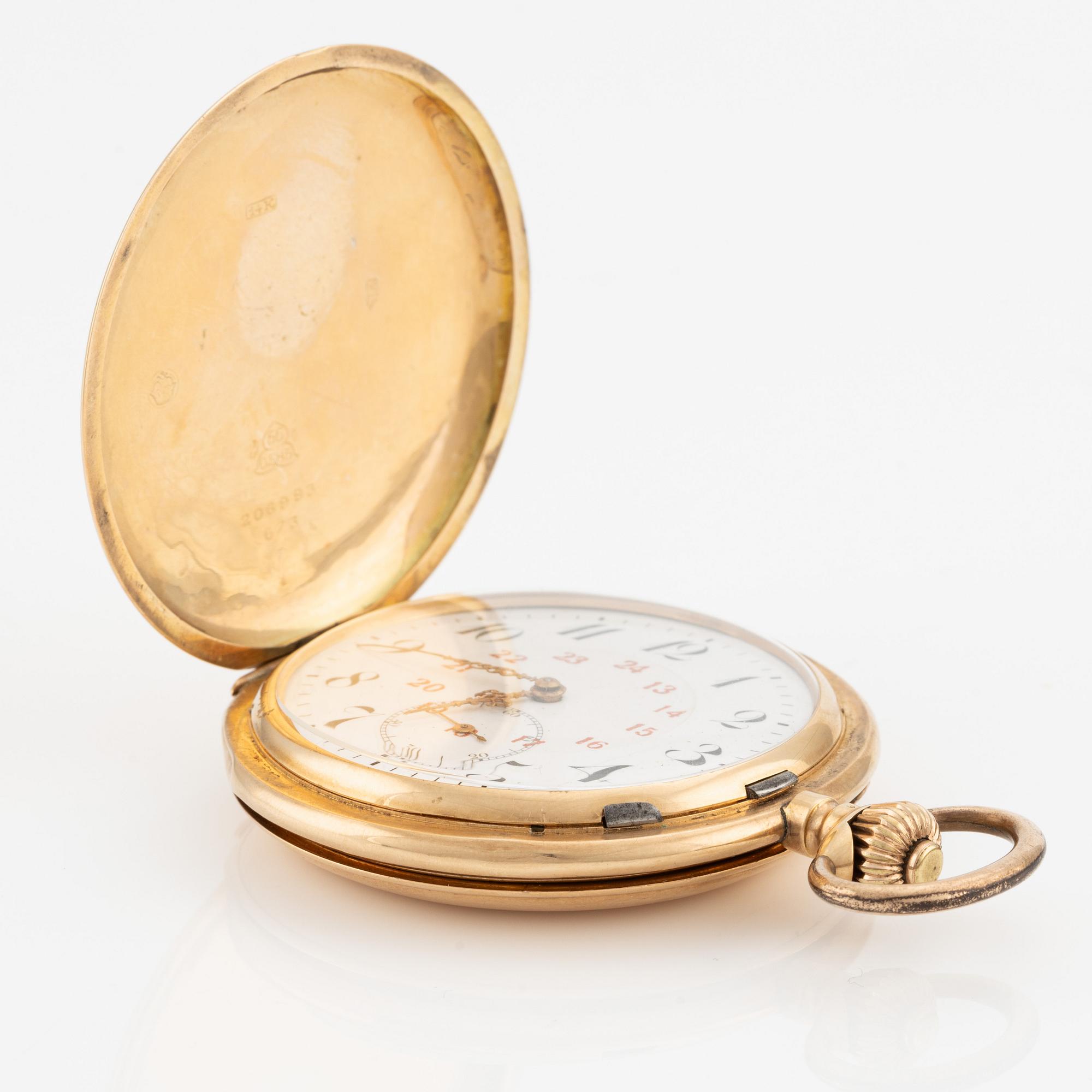 Pocket watch, hunter case, 14K gold, 60.5 mm.