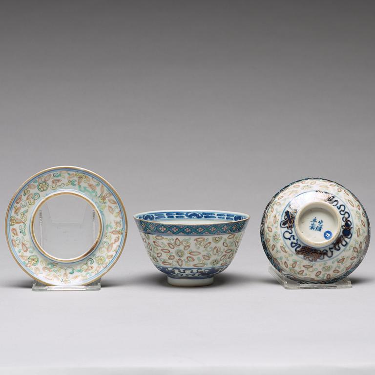 A sang de boef vase and bowl and an enamelled cup with cover and stand, Qing dynasty (1664-1912).