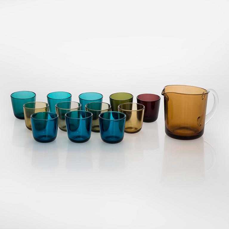 Kaj Franck, a mid-20th-century glass jug model 5601 and a set of 12 glasses model 5023, Nuutajärvi, Finland., a mid-20th-century g.