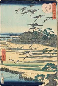 Ando Utagawa Hiroshige, träsnitt, 'Descending Geese at Shirahige'.