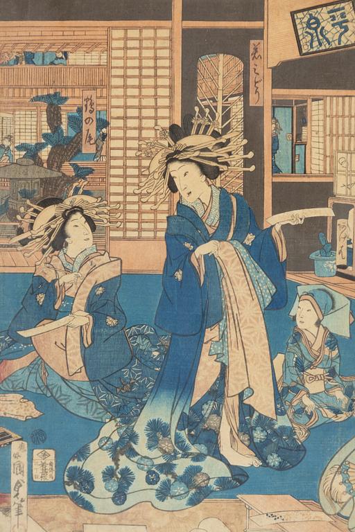 Träsnitt, 3 st, bl.a.  Utagawa Kunisada II och Toyoharu Kunichika, Japan.