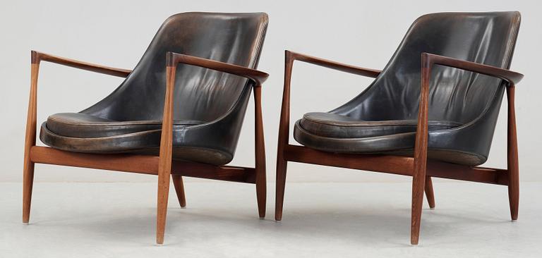 A pair of Ib Kofod Larsen palisander and black leather 'Elisabeth' easy chairs, Christensen & Larsen, Denmark 1950-60's.