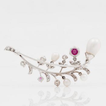A ruby, old cut diamond and possibly natural freshwater pearl brooch.