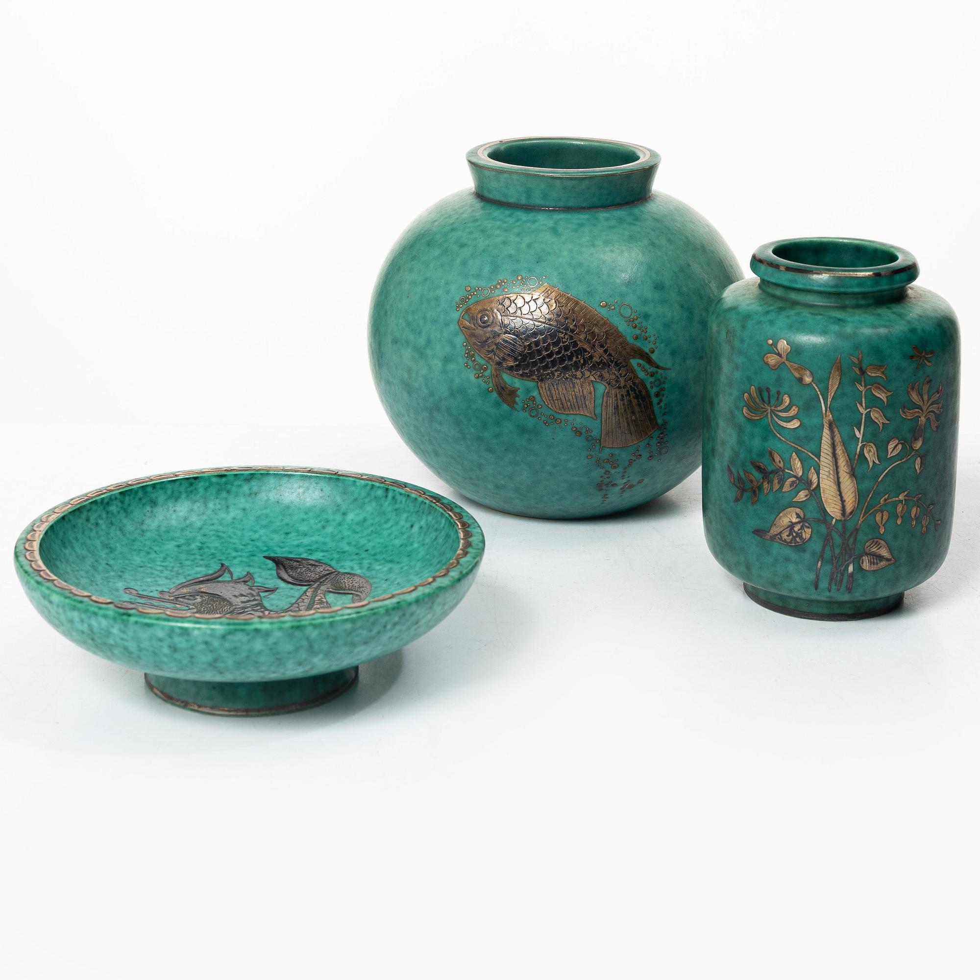 Wilhelm Kåge, two 'Argenta' vases and a bowl, Gustavsberg, 1930s/40s.