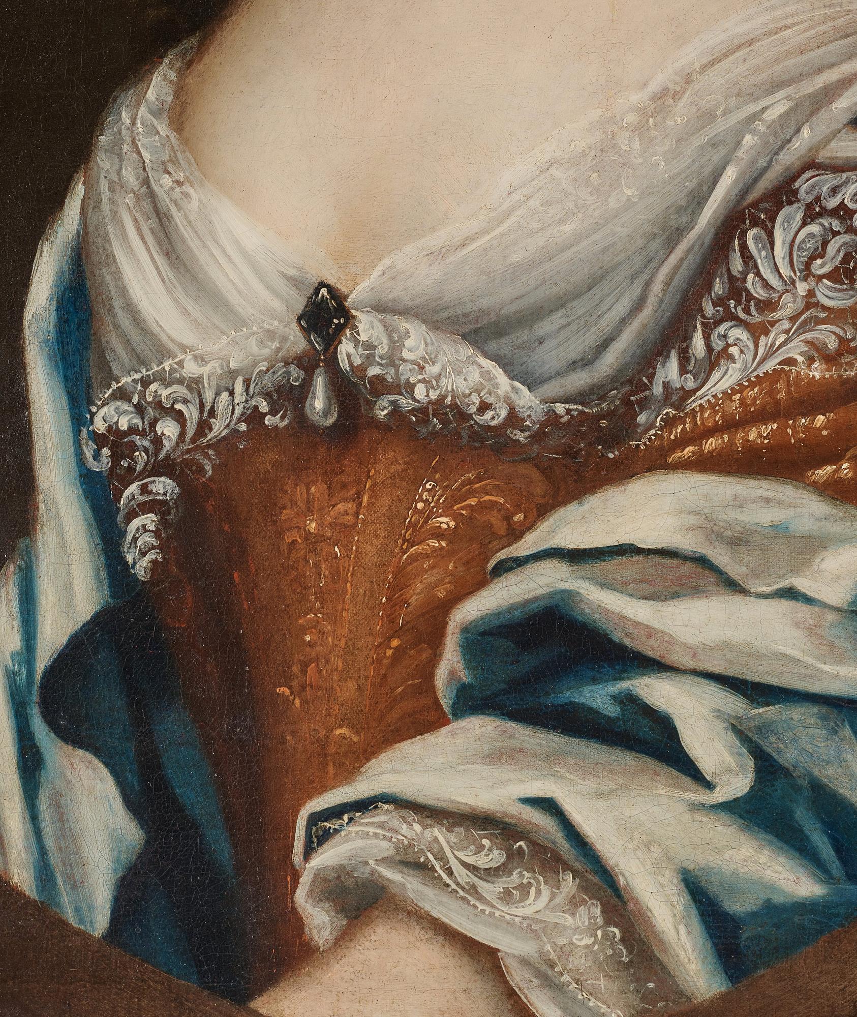 David Schwenck, Portrait of lady wearing gold brocade dress, pearl necklace and pearl earrings.