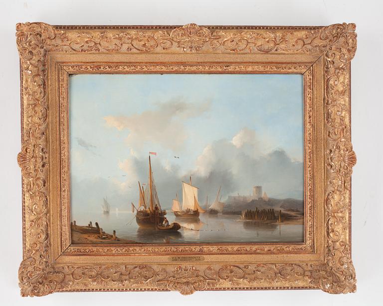 Christiaan Lodewijk Willem Dreibholtz, Ships on a canal in front of a castle.