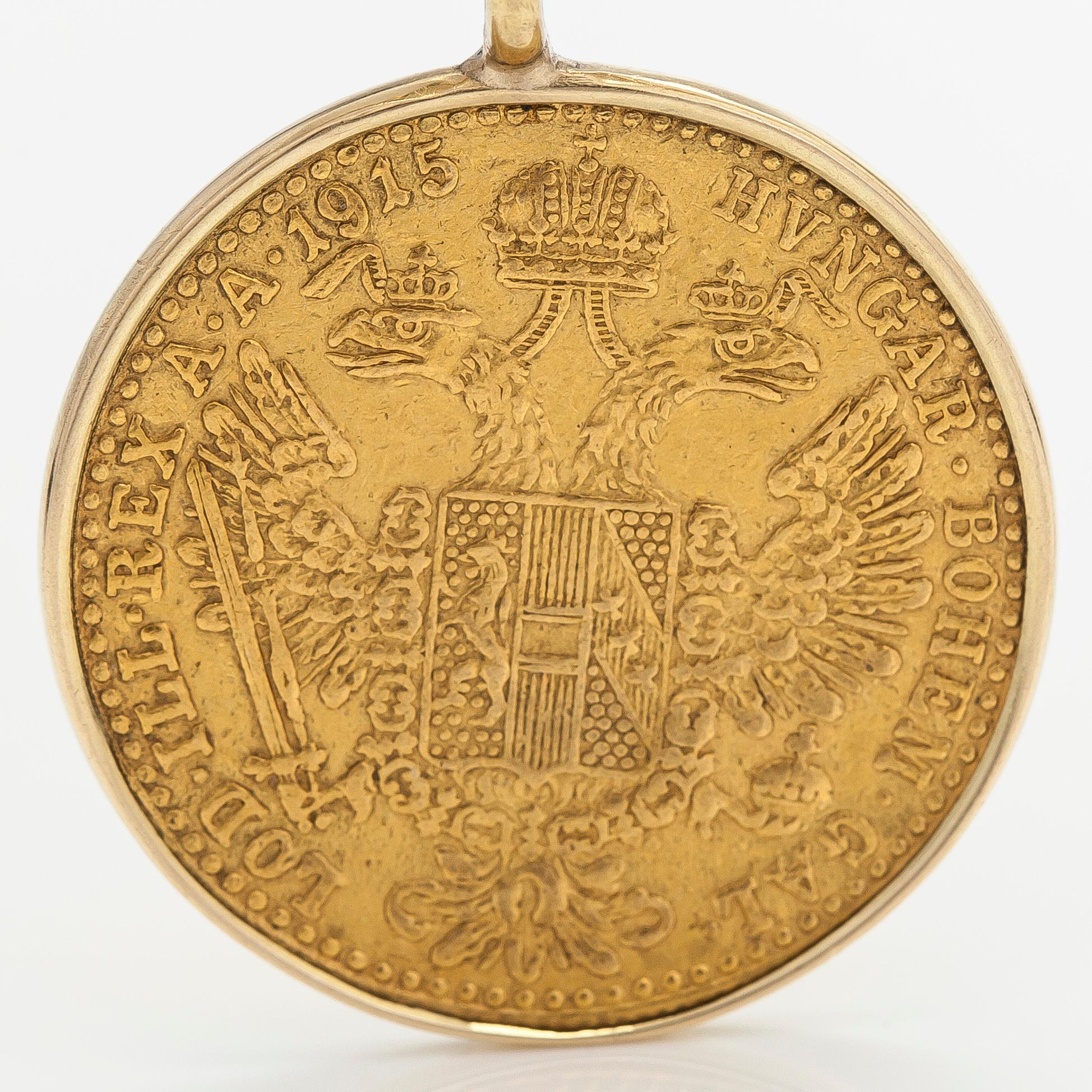 Mynt, hänge, Frans Josef I, Österrike-Ungern, 1915, med kedja i 14K guld.