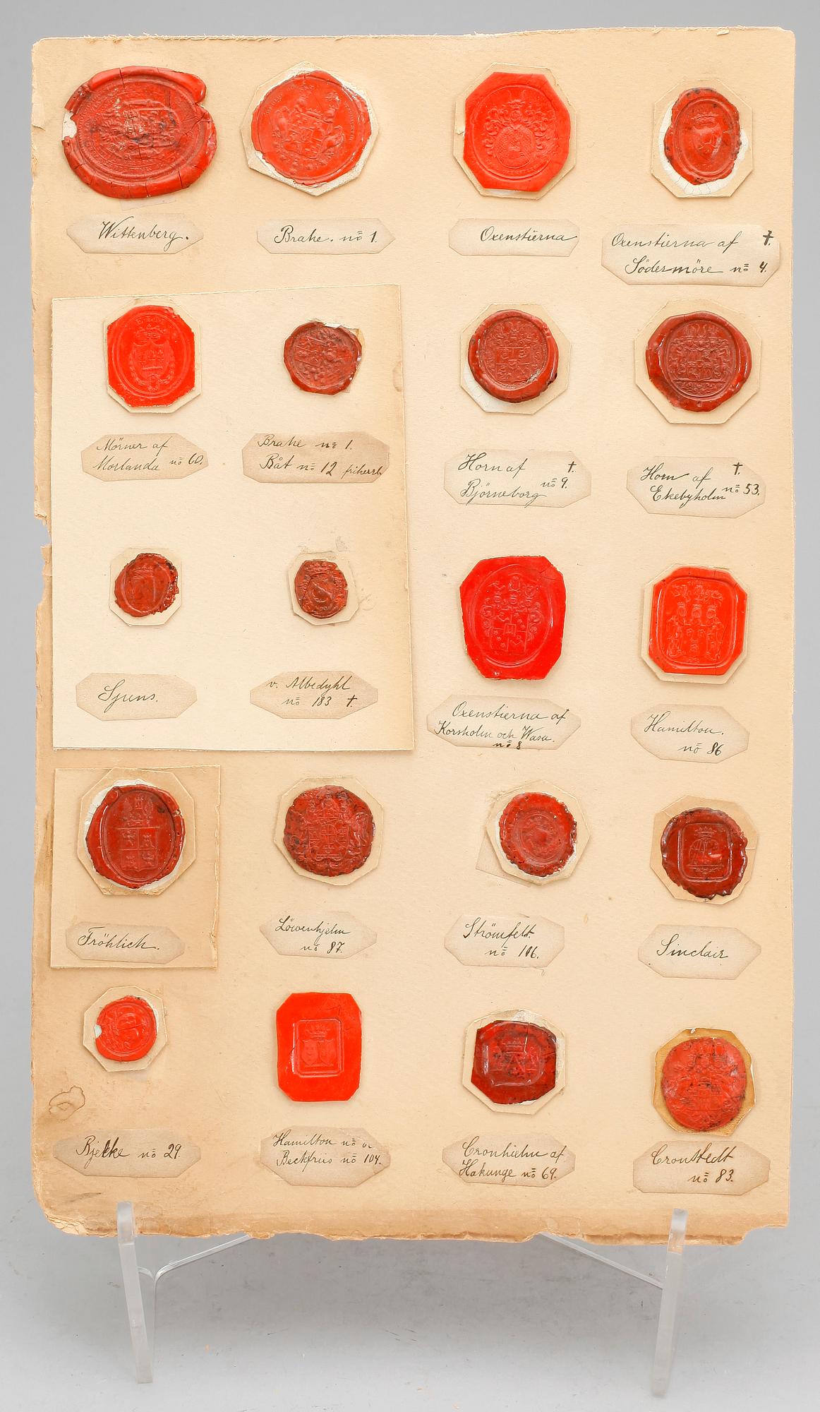 SIGILLSAMLING, 7 blad, mestadels svenska adelsvapen, 1800-tal.