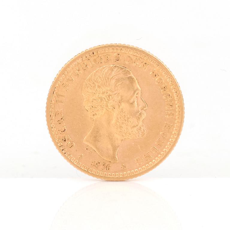 GULDMYNT, 10 kronor, Oscar II av Sverige och Norge 1876. Vikt ca 4,5 gram.