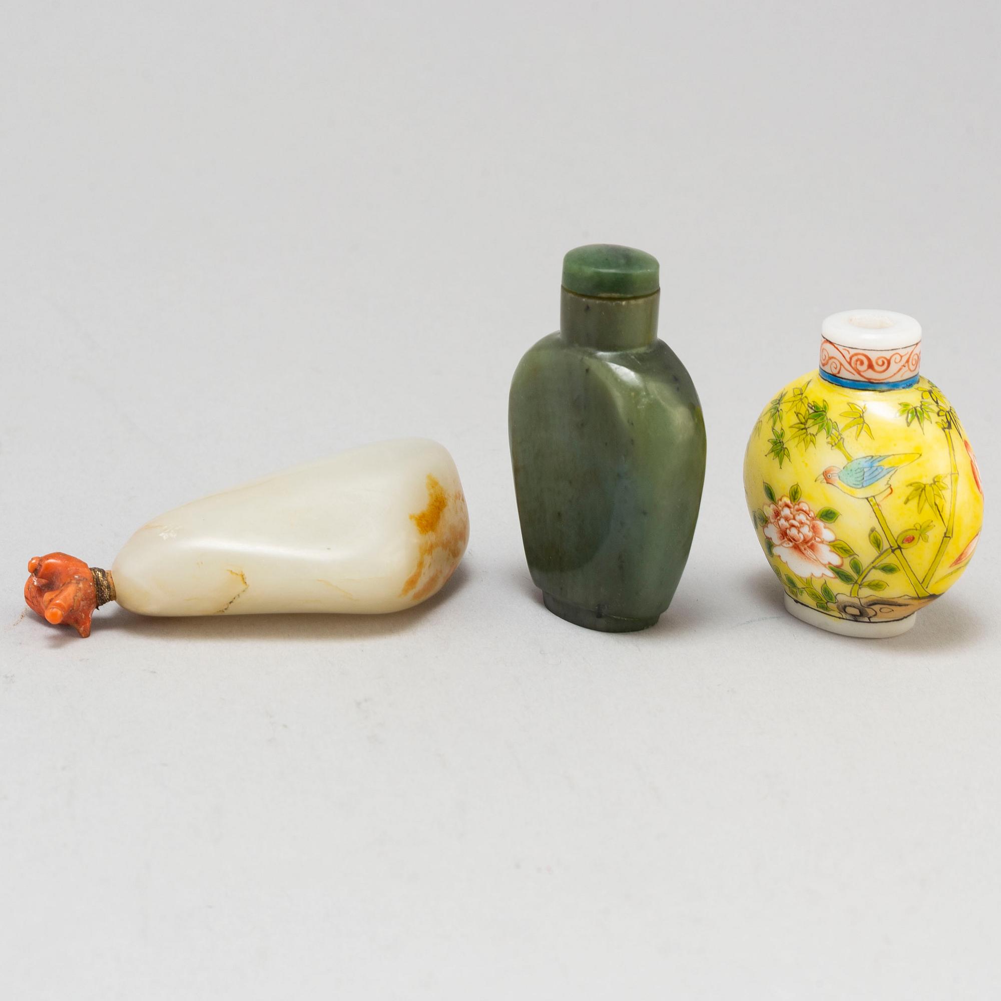Three Chinese snuff bottles, 20th century.