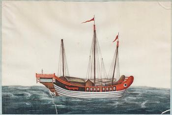 MÅLNINGAR, sex stycken, tusch och akvarell på rispapper. Kina, Qingdynastin, 1800-tal. "Djonker".