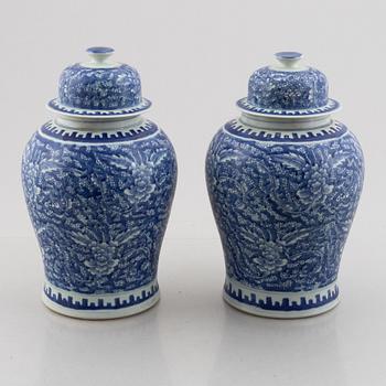 Urnor med lock, ett par, porslin. Qingdynastin, med Kangxis märke.