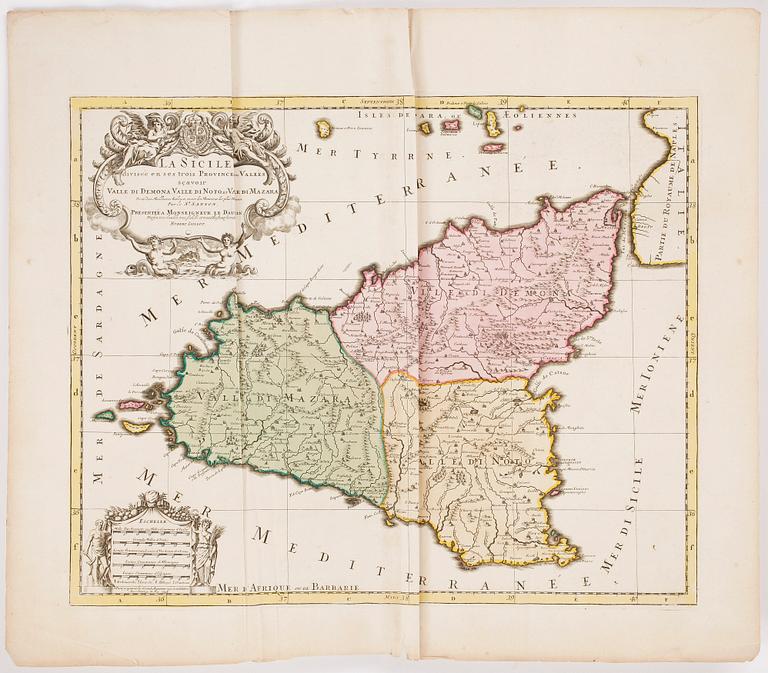 KARTA, handkolorerad etsning, "La Sicile", efter Alexis Hubert Jaillot, 17/1800-tal.