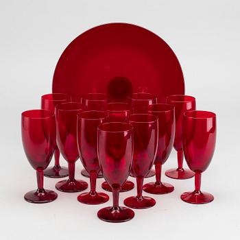 A SET OF 12 Swedish glass CHAMPAGNE FLUTES AND A SERVING PLATE BY  MONICA BRATT FOR REIJMYRE.