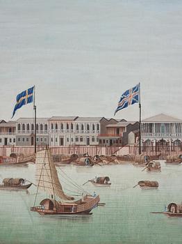 A Chinese Export painting of the Hongs of Canton, Qing dynasty, 18th century.