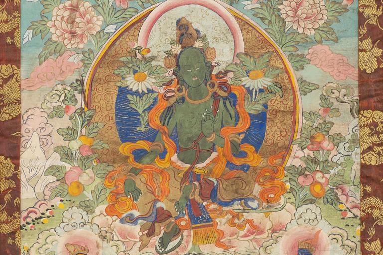 Thangka, grön Tara, tusch och färg på duk, Tibet, 1900-talets första hälft.