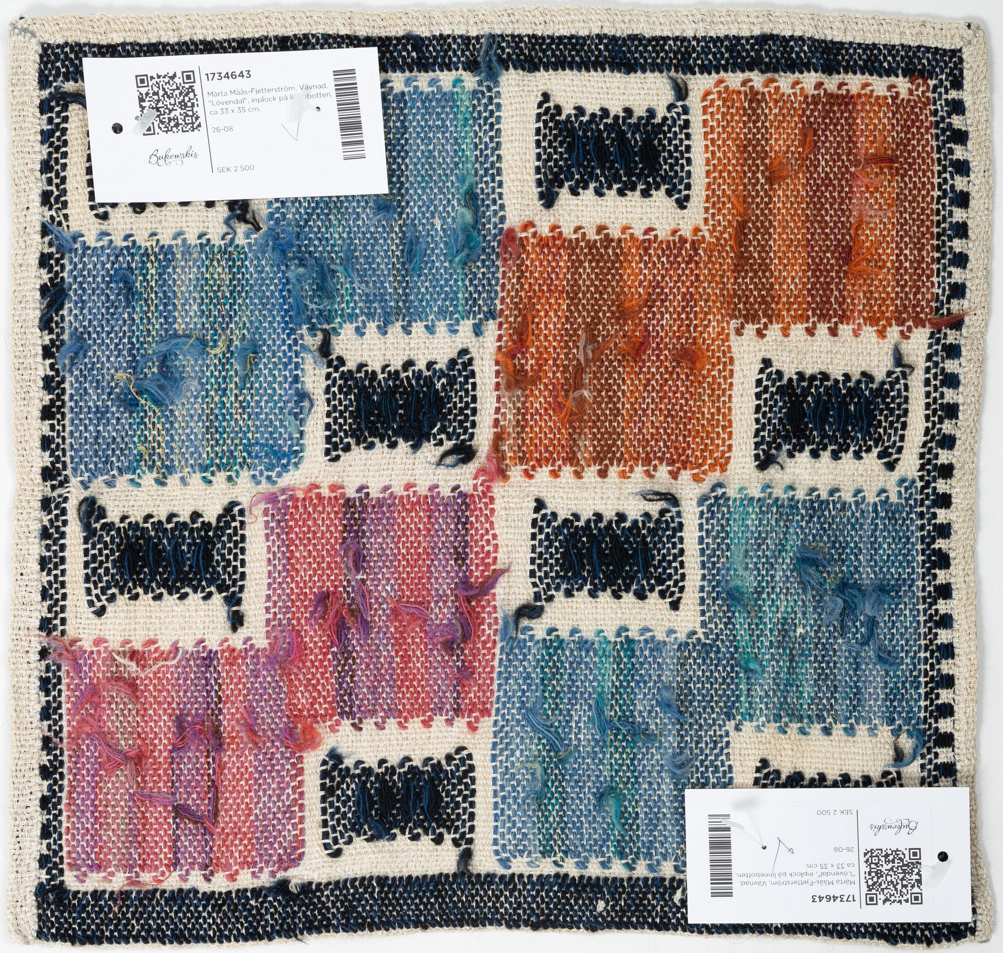 Märta Måås-Fjetterström, Vävnad, "Lövendal", inplock på linnebotten, ca 33 x 35 cm.