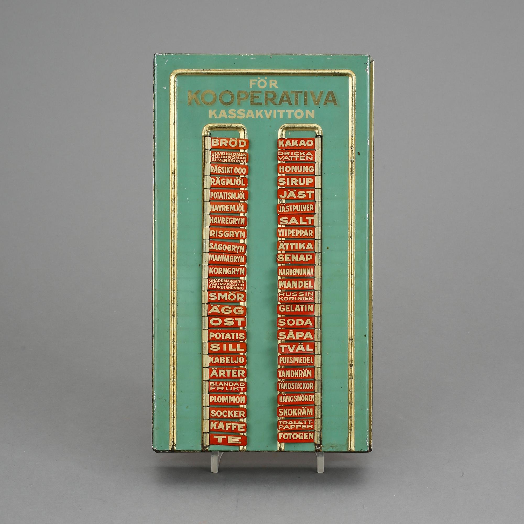 INKÖPSTAVLA TILL HUSHÅLLET, plåt, 1930/40-tal.