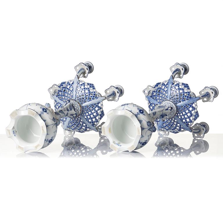 A pair of Royal Copenhagen 'Musselmalet' / 'blue fluted full lace' six-light candelabras, Denmark, 1898-1923.