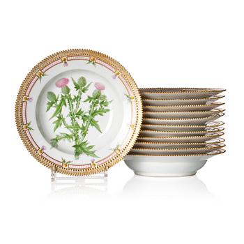 A set of 12 Royal Copenhagen 'Flora Dancia' soup dishes, Denmark, 20th Century.