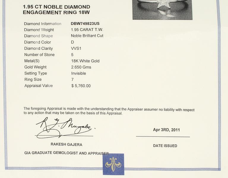 RING, 18k vitguld med 5 fasettslipade diamanter, tot 1.95 ct. Tot vikt 3 g.