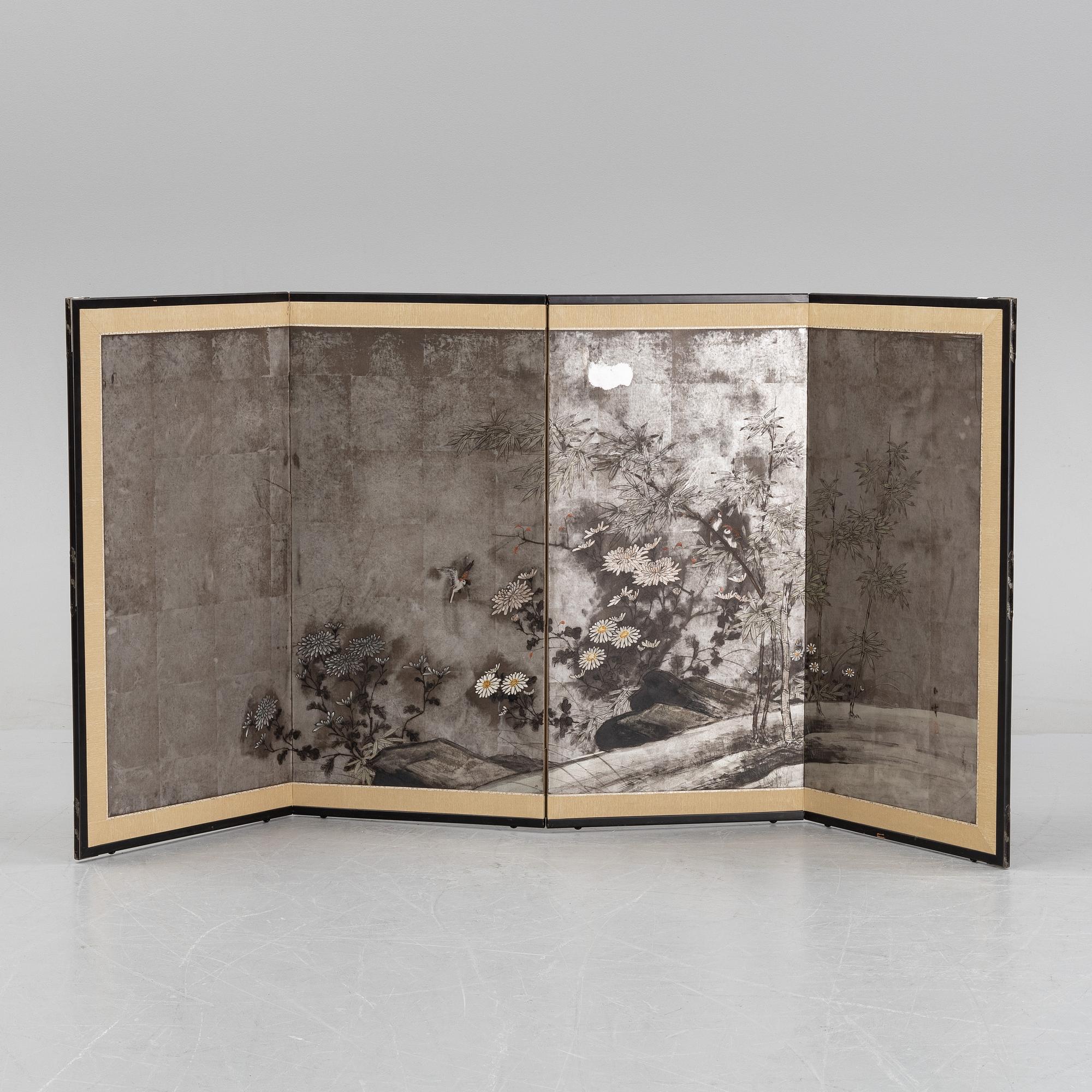A Japanese four panel folding screen 'Byobu', first half of the 20th century.
