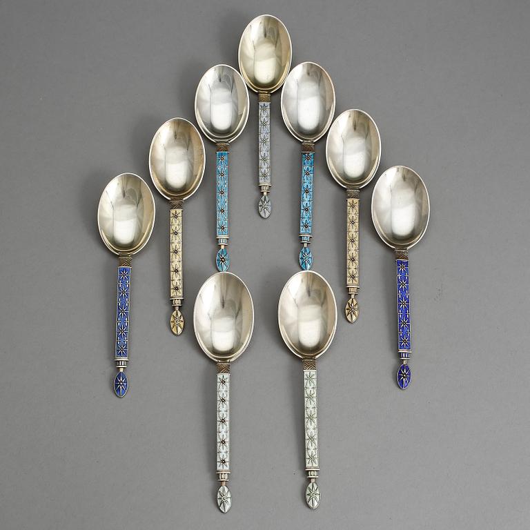 DESSERTSKEDAR, 9 st, emalj och silver, J Tostrup, Norge, Oslo, 1900-tal. Tot vikt ca 195 gram.
