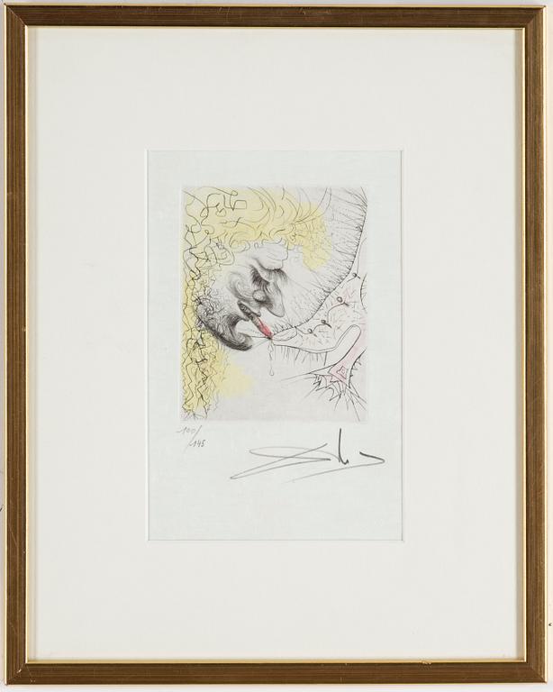 SALVADOR DALÍ, hand coloured dry point etching, signed and numbered 100/145.