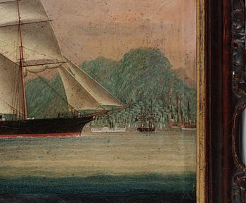 An oilpainting of a ship at Hong Kong, anonymous artist, Qing dynasty, 19th Century.