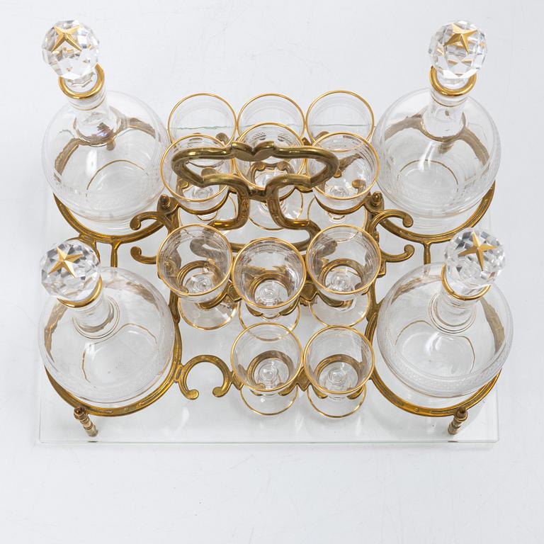 Liqueur set, glass and brass, first half of the 20th century.