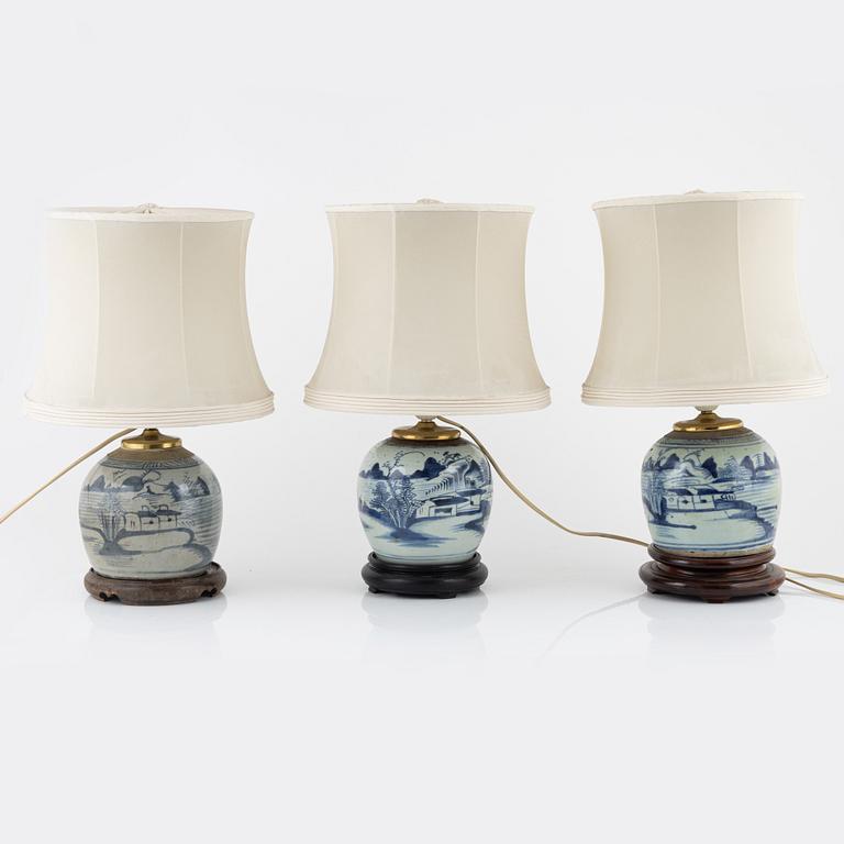 Three porcelain tablelamps, China, 19th century.