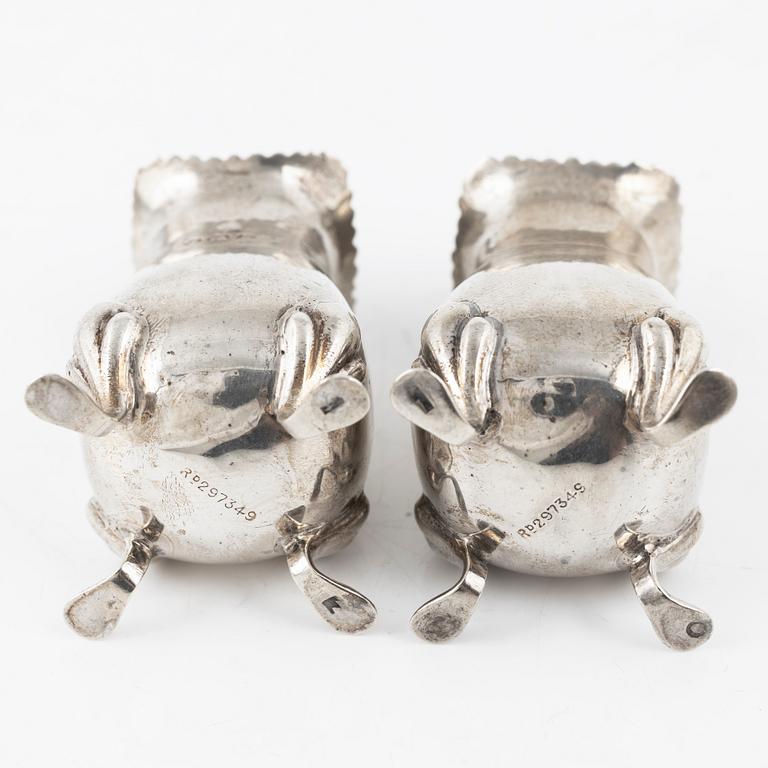 A seven piece silver spice set, with two sppons, England, mostly Birmingham.